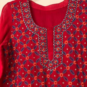Red Indian Ethnic Tunic size large with intricate embroidery in rich red crepe